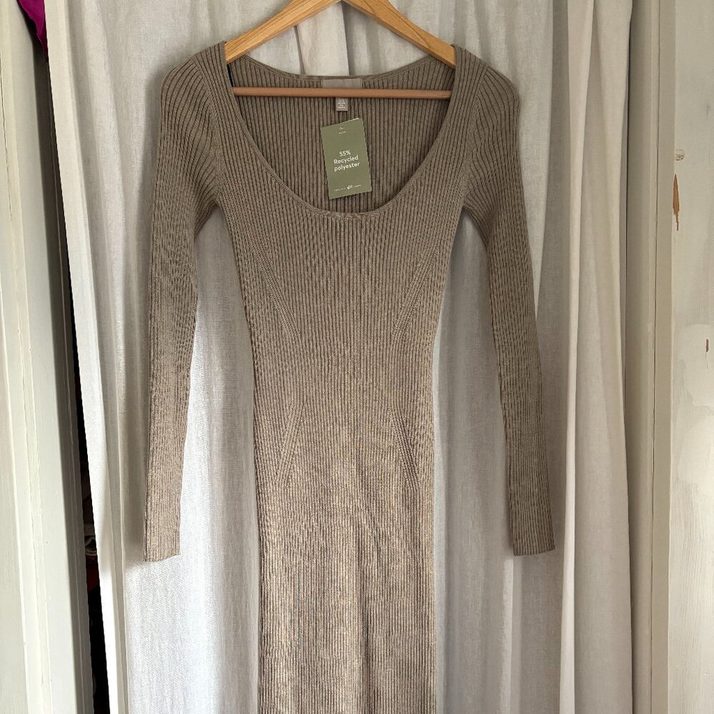 H&M NWT Fitted ribbed sand colored dress scoop neck size XS